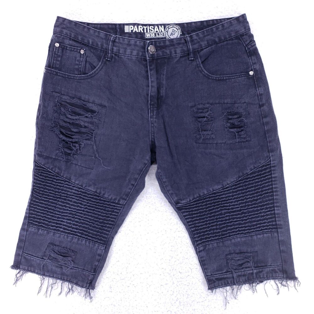 Partisan Jean Shorts Denim Cotton Mens SZ 38 Black Straight VTG Baggy 90s Y2K